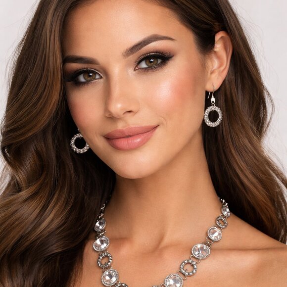 Silver Rhinestone Necklace & Earring Set - Picture 3 of 4